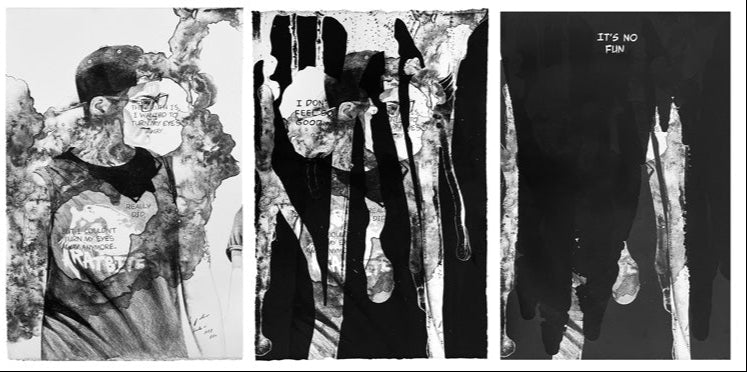 Sequence of images showing a person wearing a 'Ratbite' shirt with progressive blurring and distortion.